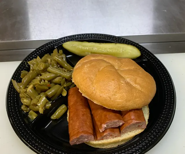 Smoked Hot Sausage Sandwich.